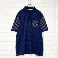 トミーヒルフィガー【XXL】紺 ポロシャツ ストライプ ポケット付き カジュアル