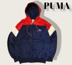 【PUMA】フード付トラックジャケット 刺繍ロゴ トリコカラー Lサイズ相当
