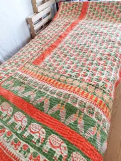 未使用 ヴィンテージ カンタキルト ブランケットコットン ラリーキルト 象 鳥