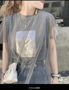 mily bilet チュール重ね着レイヤード風シルバー箔プリントTシャツ