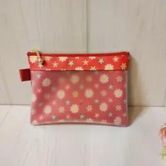 赤小花×半クリア　仕切り付ミニポーチ　小物入れ