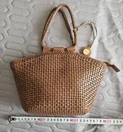 ブラウン 編み込み 牛革 レザートートバッグ ファスナー付き