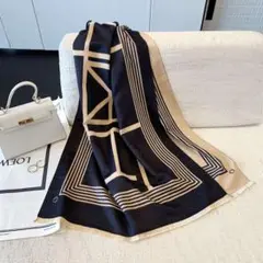 大判 ストール ブラック モンドリアン柄 カシミアタッチ マフラー 膝掛け