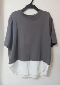 GU レイヤード風半袖Tシャツ チャコールグレー ホワイト バックリボン M