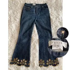 美品 CELINE 花柄 カットワーク デニムパンツ トリンオフ