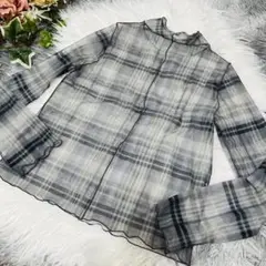ems シースルー　タートルトップス　チェック　F ストレッチアリ　長袖