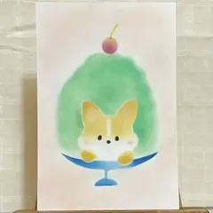 かき氷とコーギー　パステル画