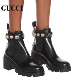 美品✨GUCCI ベルト付き ビジューサイドゴアレザーブーツ 25cm