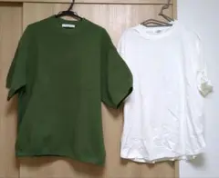 メンズ　オリーブグリーンとホワイトのTシャツセット　アンサンブル