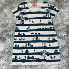 美品✨【graniph】ボーダーチュニック 半袖 総柄 (F) ロング丈 綿混