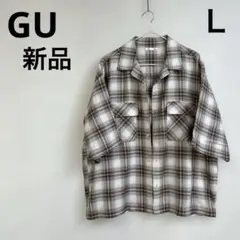 GU チェック柄 開衿半袖シャツ ブラウン系 Ｌ