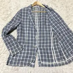 グリーンレーベルリラクシング テーラードジャケット チェック 麻 L 白 青