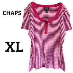 CHAPS【XL】ストライプ ヘンリーネック Tシャツ ピンク/白
