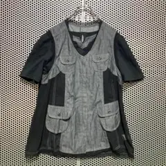 【SANS FIN】ブラックデニム風　重ね着　シースルートップス　比翼仕立　LL