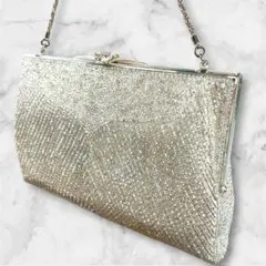 【美品✨】シルバー 総ビーズバッグクラッチバッグ　ミラー付き