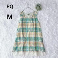 PQ　ノースリーブカットソー　チェック柄　グリーン　イエロー　M　カジュアル