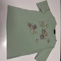 手書きミントグリーン 花柄刺繍 Tシャツ M-L