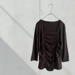 3383【リフレクト】Tシャツ　カットソー　Ｍ　ギャザー　ブラウン　七分袖　春夏