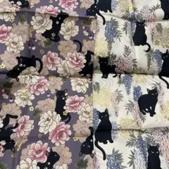 黒猫と花柄の綿プリント生地 2枚