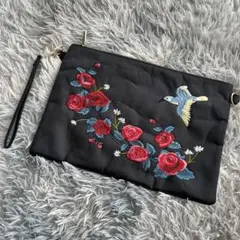 刺繍 メンズ　クラッチバッグ 黒 バラと鳥