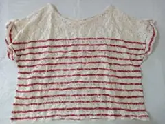 アイボリーと赤のストライプ 半袖 Tシャツ 夏 Lサイズ