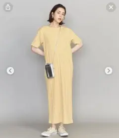 イエロー 半袖 リブロングワンピース