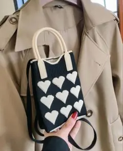 ニット編み ハート柄 ショルダーバッグ