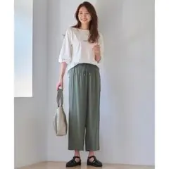 美品(L)オンワード樫山/ストレッチワイドパンツ/ズボン/ウエスト総ゴム/カーキ