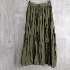 【グローブ】カーキのロングフレアスカート　ウエストゴム　M　総丈85