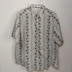 CLOISE 花柄 半袖シャツ　M（ゆったり）　オフホワイト地にネイビー×カーキ