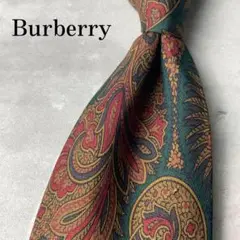 美品 Burberry バーバリー ペイズリー柄 総柄 ネクタイ グリーン 茶