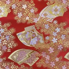 金襴011　カット①　34cm幅　30cm　赤　扇　ピンク　桜　匿名配送
