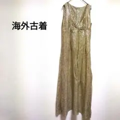 海外古着 ゴールド スパンコール ノースリーブ ロングワンピース ドレス