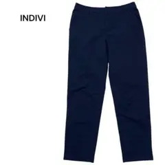 インディヴィ✨ストレートパンツ　カジュアル　コットンブレンド　無地　ネイビー　M