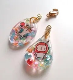 【猫の夏休み】③夏祭り &りんご飴 2個セット　キラキラ　チャーム　キーホルダー