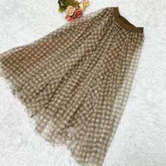 ★アンセリ★ロング チュールスカート【M】チェック ウエスト総ゴム 茶色 春夏秋