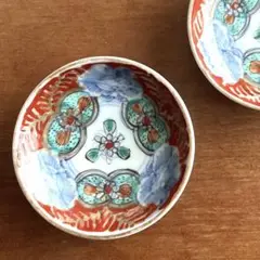 古伊万里 雛道具 染錦 草花文 豆皿 2枚組 骨董 時代