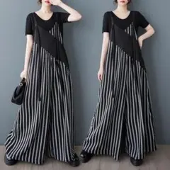 L 黒 サロペット ワイドパンツ　オールインワン　レディース　夏　服 a1