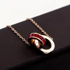 ネックレス ローマ数字 リング ピンクゴールド cz ダイヤ レッド ステンレス
