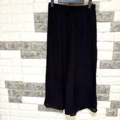 美品【シューラルー】ワイドパンツ L黒ガウチョパンツ Ｗ総ゴムドロスト体型カバー
