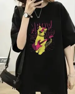 【Lサイズ】猫　ギター　ミャオウ　Tシャツ ブラック