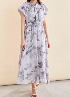 美品　ストラ　花柄　ボウタイ　ロングワンピース　バルーン袖 M stola.