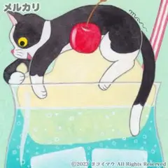 原画「クリームソーダ と 猫」メロン/アイス/イラスト/アート/絵画/ハチワレ猫