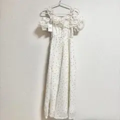 GRL ru1165 ドット柄フリルオフショルダーフレアロングワンピース