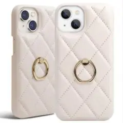 iPhone14 ケース　キルトケース　背面リング付き　アイボリー