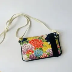 【お試し価格】着物リメイク カラフルなお花のポシェット ショルダー紐調節可能