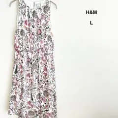 H&M ノースリーブワンピース　花柄　ひざ丈　ミモレ丈　ウエストゴム　L