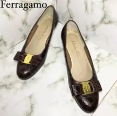 ✨クロコ✨ ✨Ferragamo✨ 本革 リボン ラウンドトゥ 厚底 ブラウン