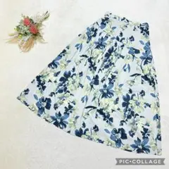 オーララ 【M】 花柄フレアスカート 日本製 綿混 リゾート 水彩画風 ミディ丈