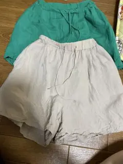 GU リネンショートパンツ2色セット（グリーン・ベージュ） XS